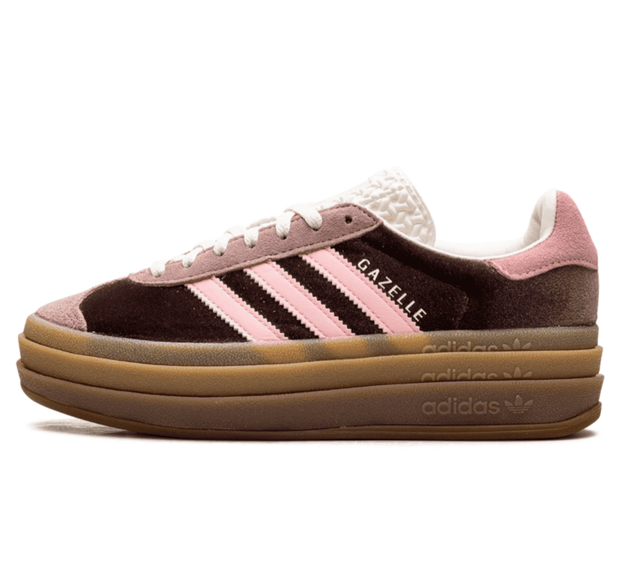 Adidas Gazelle Bold Shadow Brown W Paar vorne Hauptbild Perspective mit braunem Velvet-Obermaterial und Plateau-Gumsohle