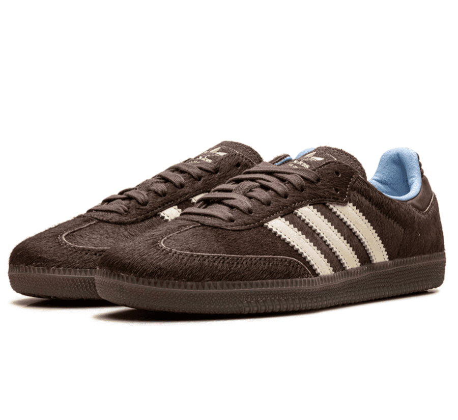 adidas Samba OG Brown Pony Hair KI2515 Damen seitliche Ansicht mit Cream White 3-Stripes
