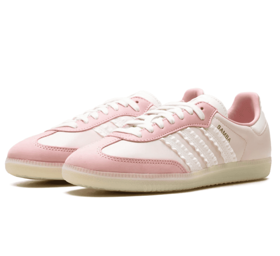 adidas Samba Ruffle Stripes Pack Wonder Mauve JR8830 seitliche Ansicht mit gerüschten Three Stripes
