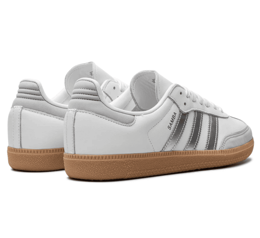 Adidas Samba White Silver Metallic Grey Paar hinten mit Metallic-Fersendetail