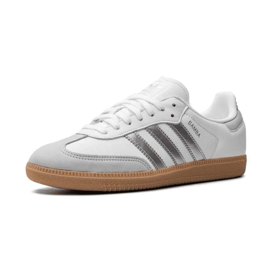 Adidas Samba White Silver Metallic Grey einzelner Schuh seitlich mit klassischer Gum-Sohle