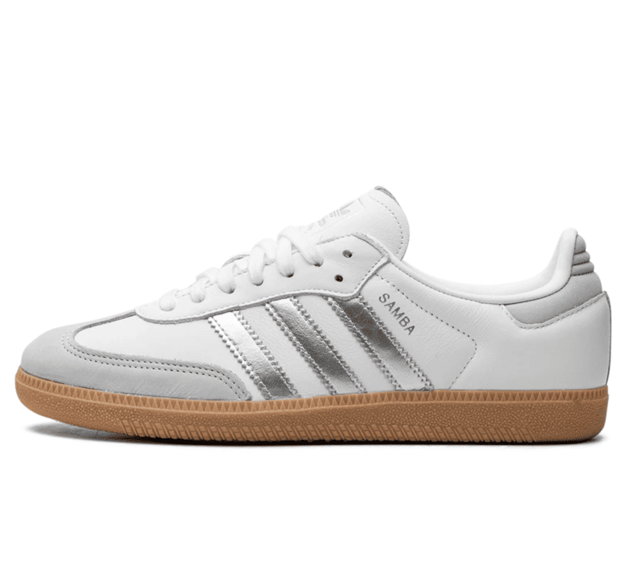 Adidas Samba White Silver Metallic Grey Damen Sneaker Paar vorne Hauptbild Perspective