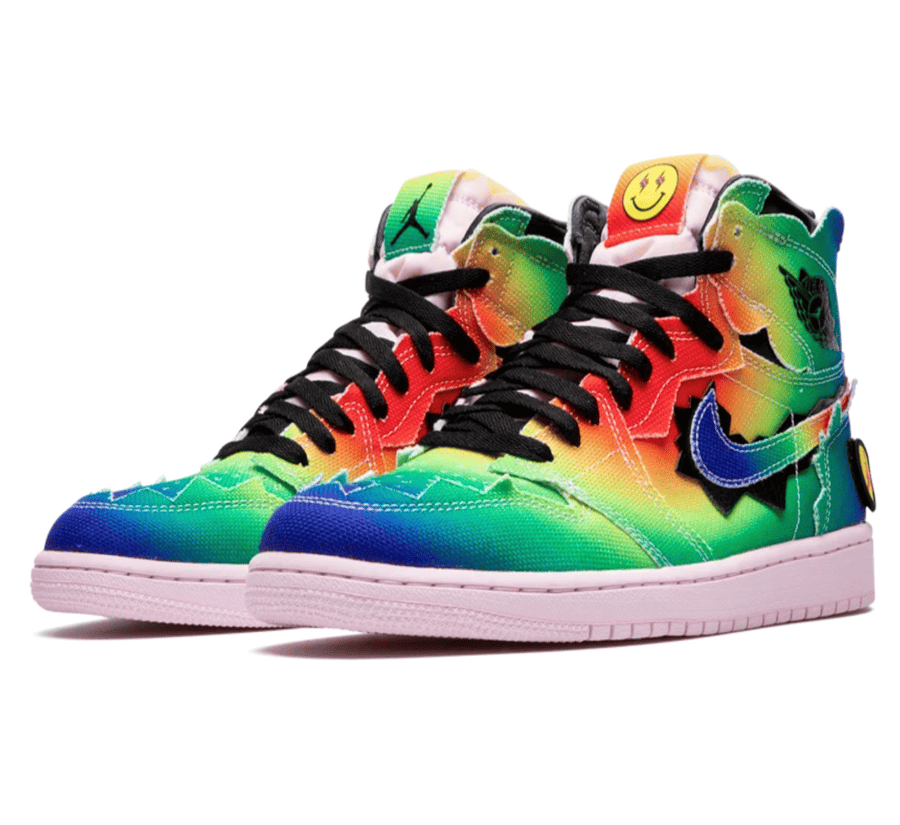 Air Jordan 1 High OG J Balvin Multi Color Seitenansicht mit mehrfarbigem Canvas Upper und gezackten Overlays