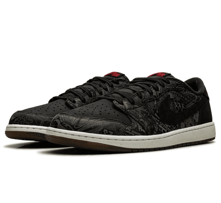 Air Jordan 1 Low OG Laser IV6750-001 seitliche Ansicht mit lasergravierten Lederpanels