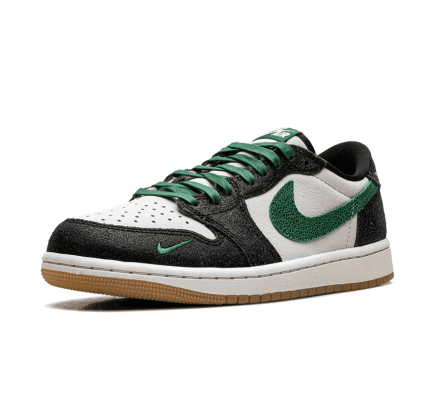 Air Jordan 1 Low OG Phantom Pine Green IR2283-030 einzelner Schuh seitlich mit Phantom Leder und grünem Swoosh