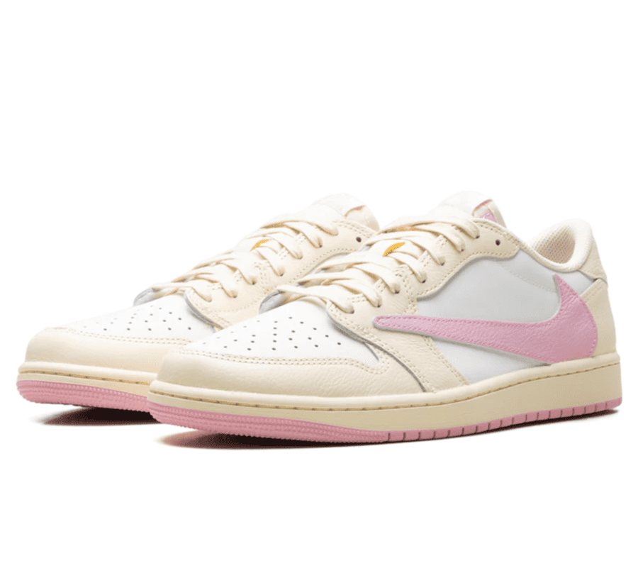 Air Jordan 1 Low OG SP Travis Scott Shy Pink Seitenansicht mit Premium-Leder und ikonischem Reverse Swoosh