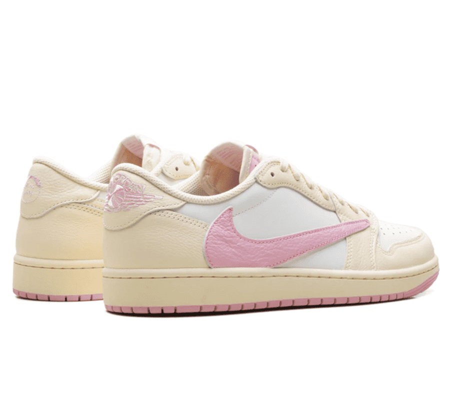 Air Jordan 1 Low OG SP Travis Scott Shy Pink Paar hinten mit Wings Logo und Cactus Jack Branding