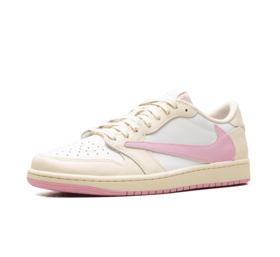 Air Jordan 1 Low OG SP Travis Scott Shy Pink einzelner Schuh seitlich mit hochwertigem Materialmix in Shy Pink
