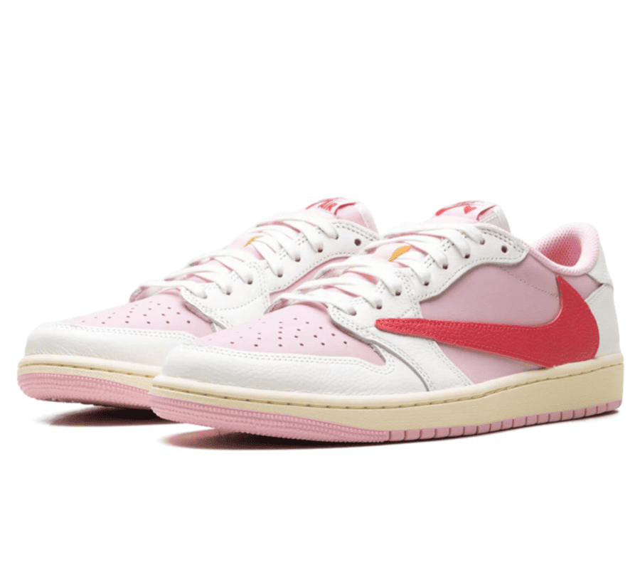 Air Jordan 1 Low OG SP Travis Scott Tropical Pink Seitenansicht mit ikonischem Reverse Swoosh und Premium-Materialien