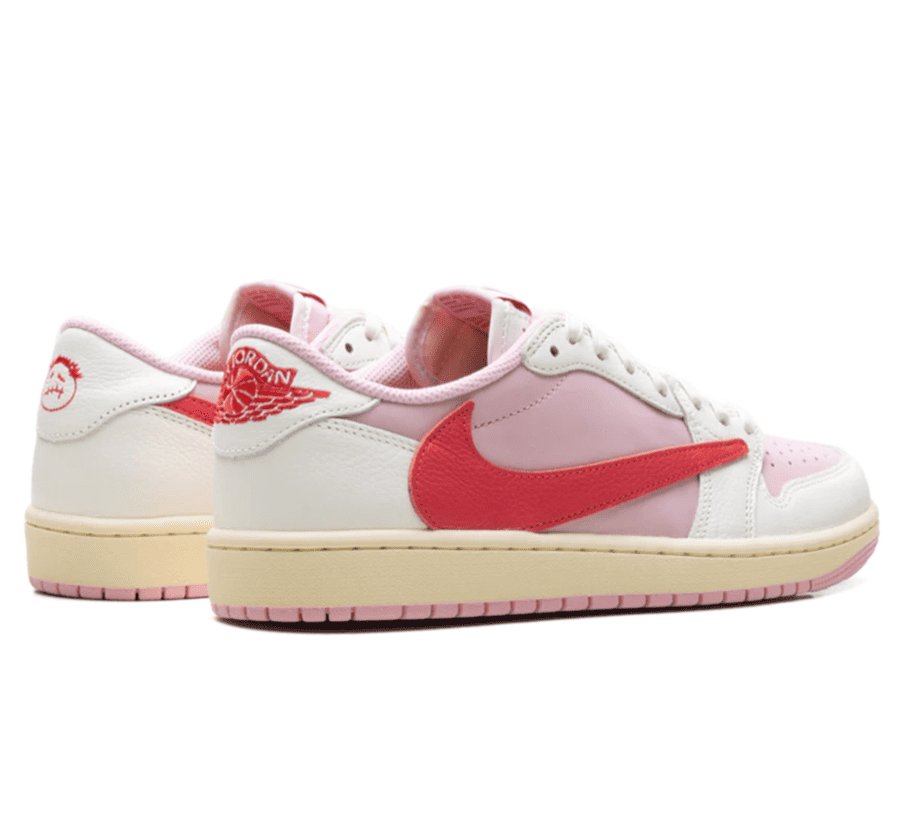 Air Jordan 1 Low OG SP Travis Scott Tropical Pink Paar hinten mit Wings Logo und Cactus Jack Branding