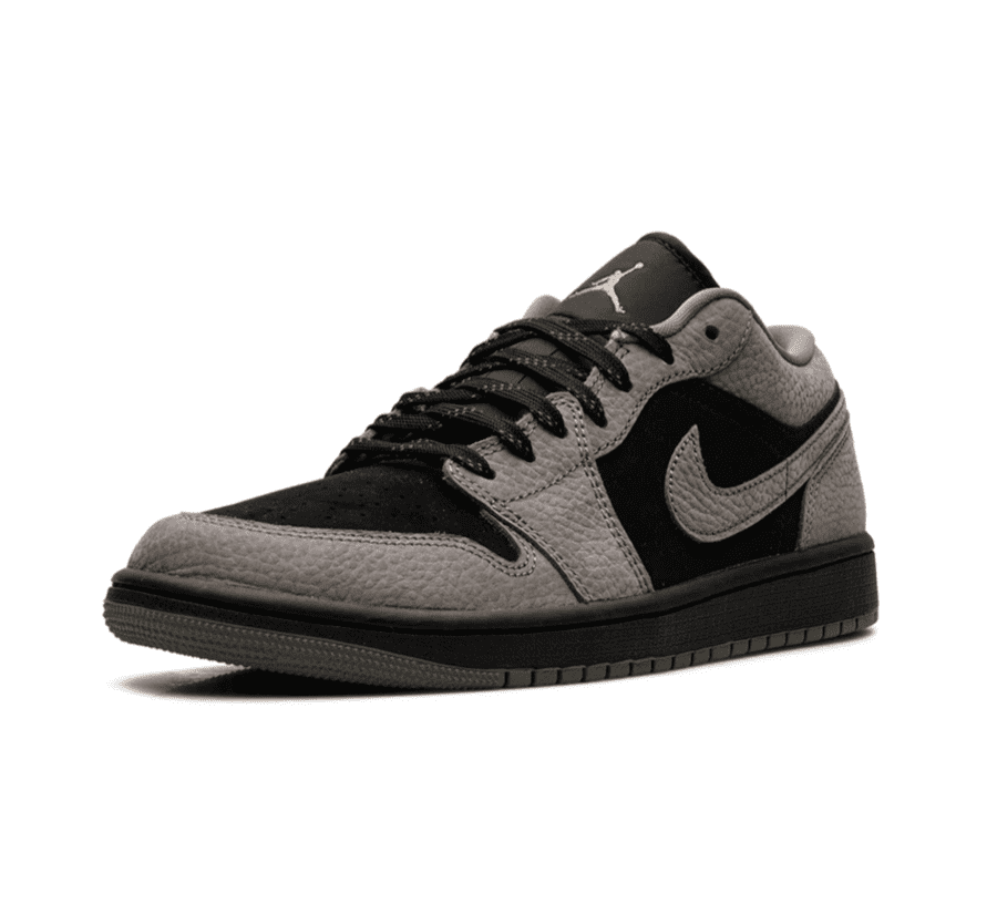 Einzelner Air Jordan 1 Low SE IB7109-005 seitlich mit Leder und Wildleder in Schwarz und Olivgrau