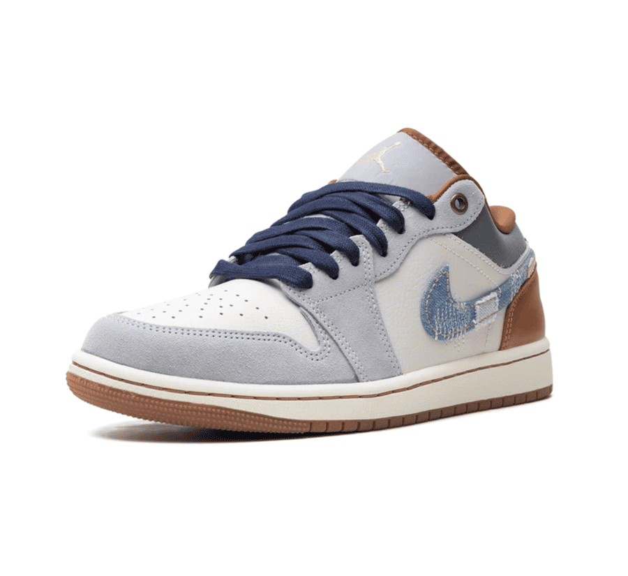 Air Jordan 1 Low Repaired Denim FZ5042-041 einzelner Schuh seitlich mit Denim Swoosh