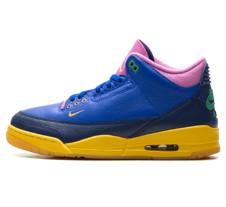 Air Jordan 3 Brazil IV4871-400 Paar vorne Hauptbild Perspective mit blauem Premium-Leder und gelb-grünen Details