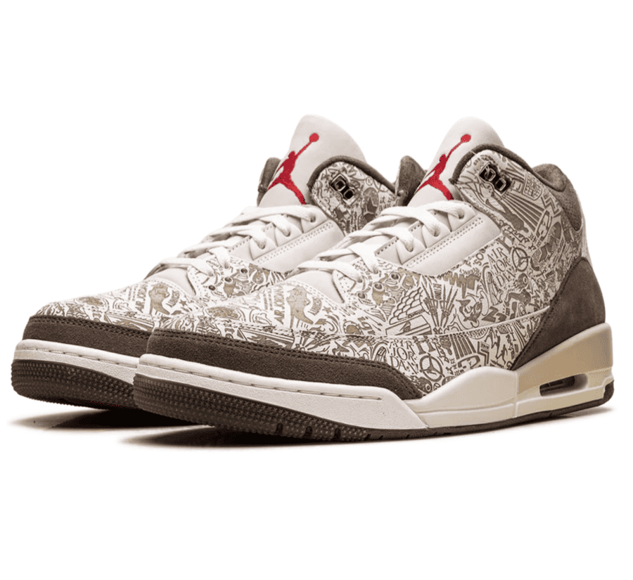 Air Jordan 3 Retro Laser Palomino JA1369-001 seitliche Ansicht mit Lasergravuren
