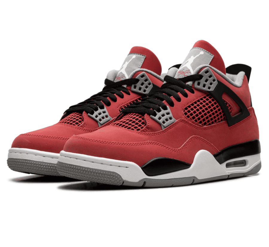 Air Jordan 4 Toro Bravo Seitenansicht mit University Red Upper und sichtbarer Air-Dämpfung