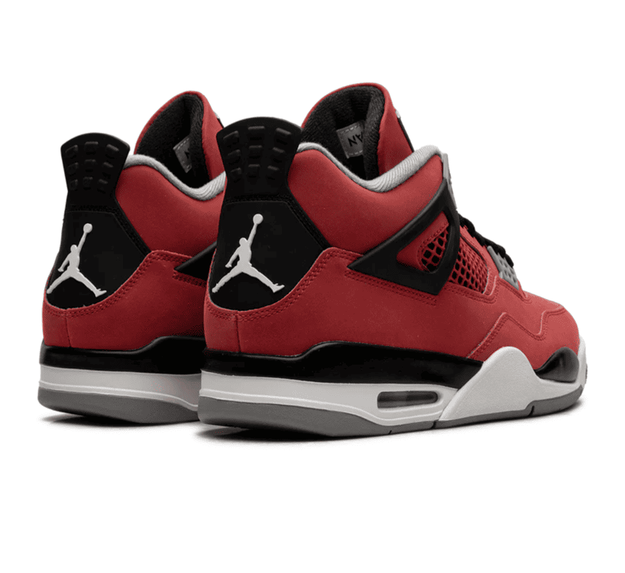 Air Jordan 4 Toro Bravo Paar hinten mit Jumpman Branding und schwarzer Fersenkappe