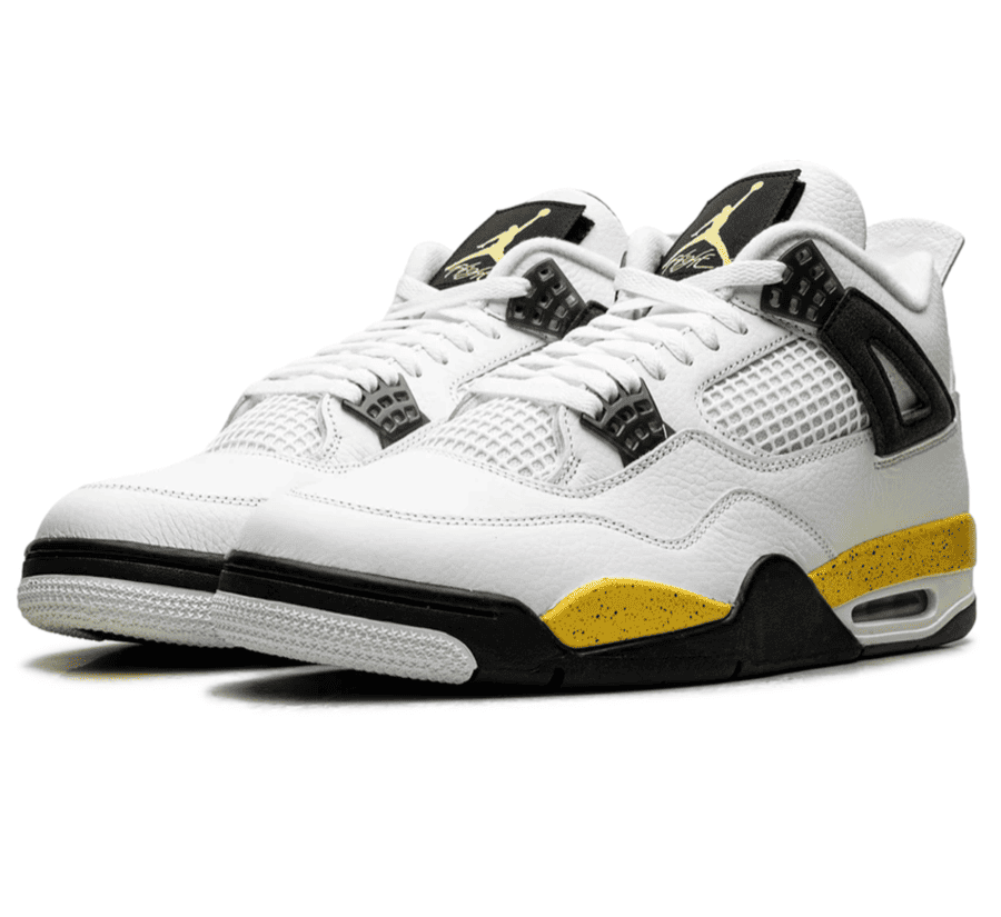 Air Jordan 4 Tour Yellow Rare Air IO2463-102 seitliche Ansicht mit weißem Leder und gelber Mittelsohle