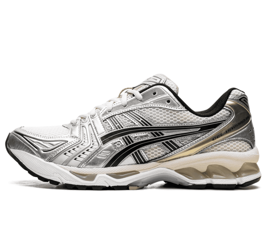 ASICS GEL-KAYANO 14 Birch Pure Silver 1203A537-200 Sneaker Paar von vorne in Beige und Silber