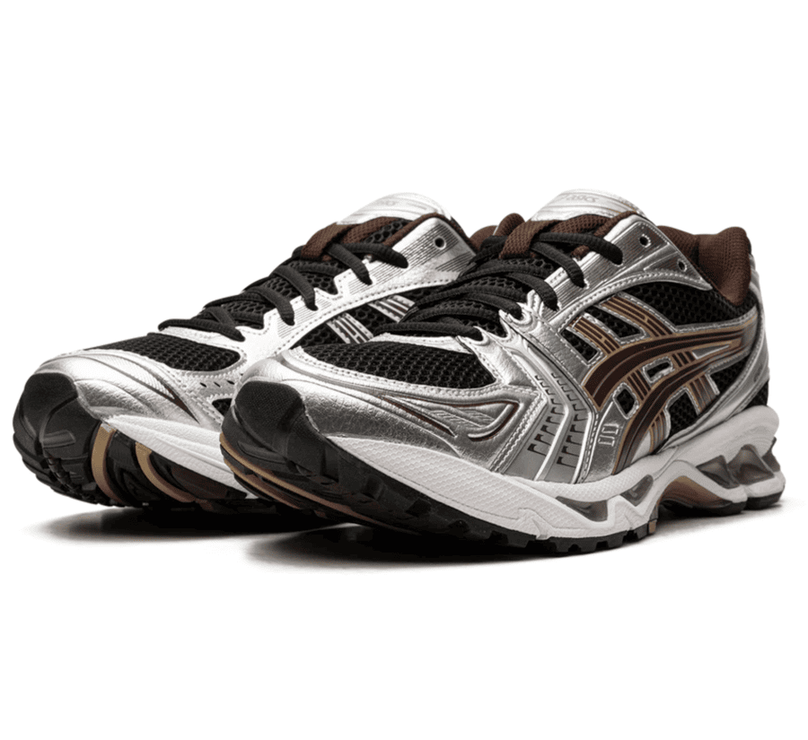 ASICS GEL-KAYANO 14 Black Coffee 1201A019-004 seitliche Ansicht mit Metallic Silver Overlays