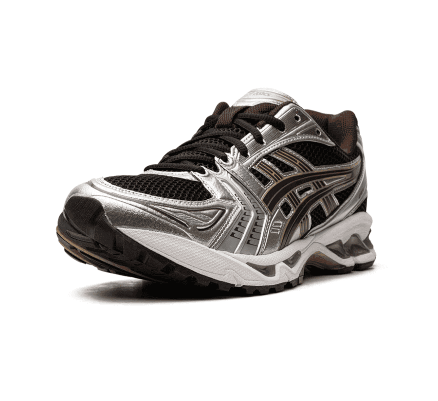 ASICS GEL-KAYANO 14 Black Coffee 1201A019-004 einzelner Schuh seitlich mit ASICS Tiger Stripes