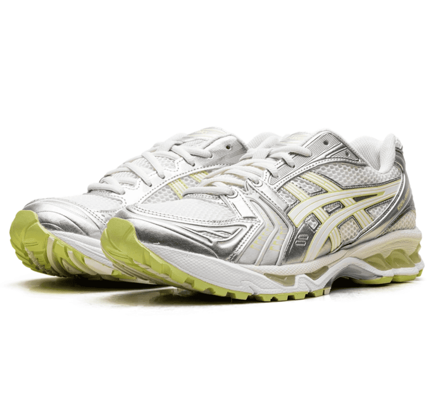 ASICS GEL-KAYANO 14 Cream Pistachio 1203A537-112 seitliche Ansicht mit Metallic Silver Overlays