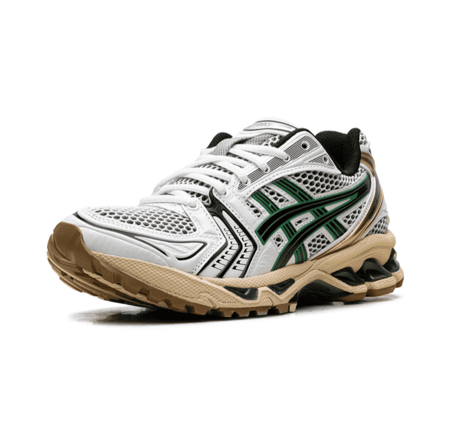 ASICS GEL-KAYANO 14 Hinoki Beige 1203A740-103 einzelner Sneaker seitlich mit technischem Retro-Running-Design