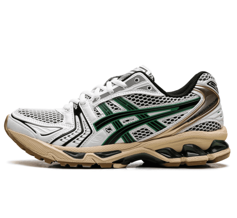 ASICS GEL-KAYANO 14 Hinoki Beige 1203A740-103 Sneaker Paar von vorne in Weiß und Beige