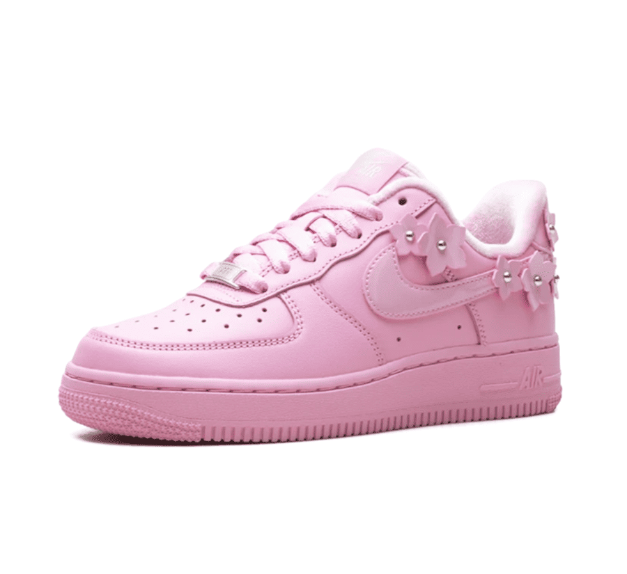 Nike Air Force 1 07 Florette Pink Rise Damen IR8637-600 einzelner Schuh seitlich mit floralen Details