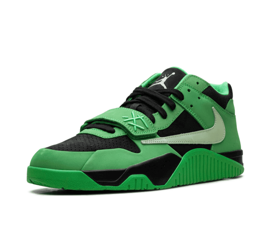Nike Jumpman Jack x Travis Scott Green Spark einzelner Schuh seitlich mit grünem Nubukleder