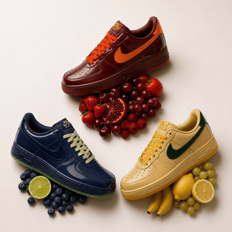 Nike Air Force 1 Low Patent Leather Pack, Topaz Gold Pine Green, Mystic Navy Grape Ice, Dark Team Red Safety Orange Release2026