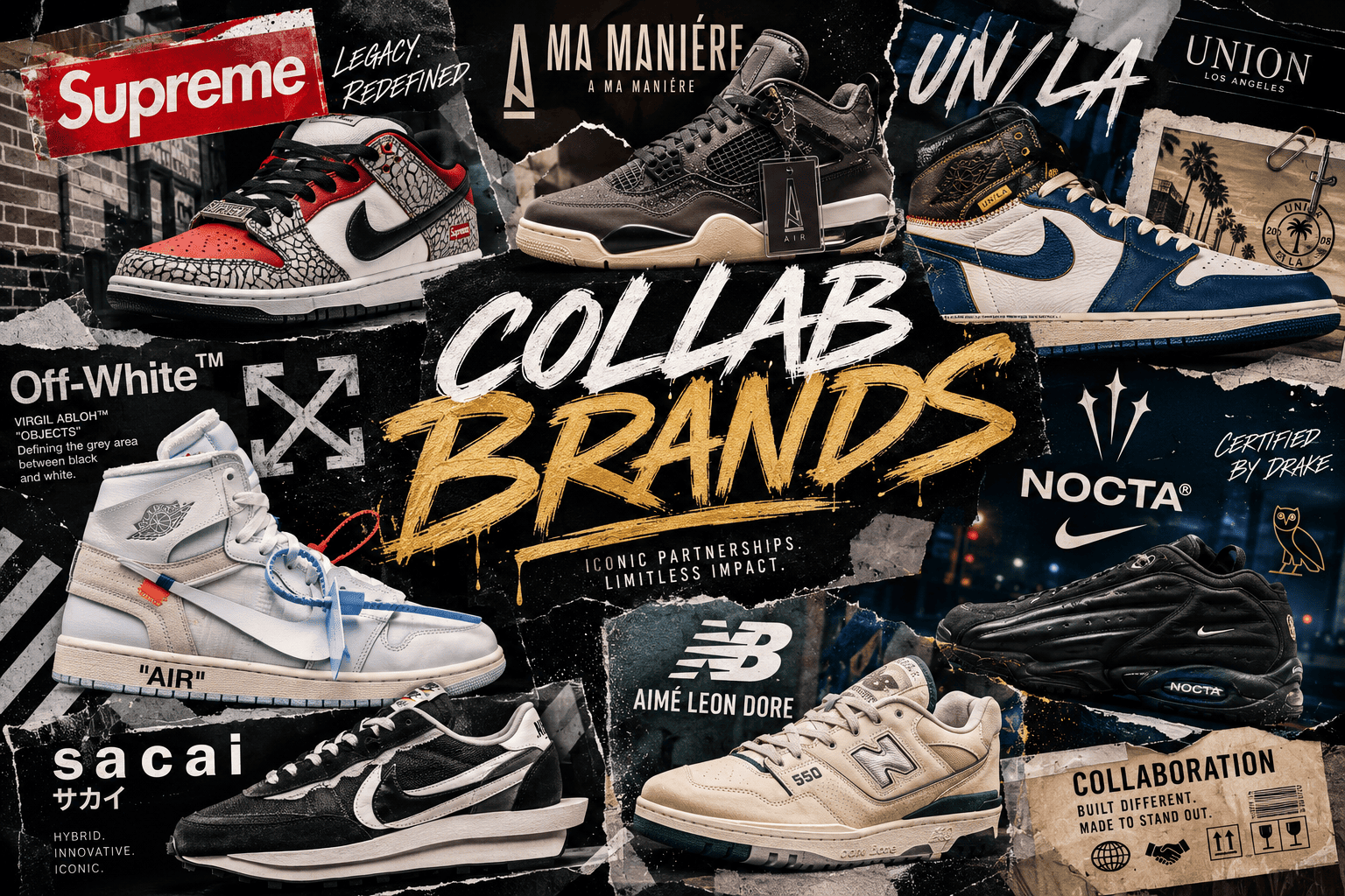Collab Brands Sneaker Kategoriebild mit exklusiven Nike und adidas Kollaborationen von Off-White, Sacai, Supreme, NOCTA und A Ma Maniére