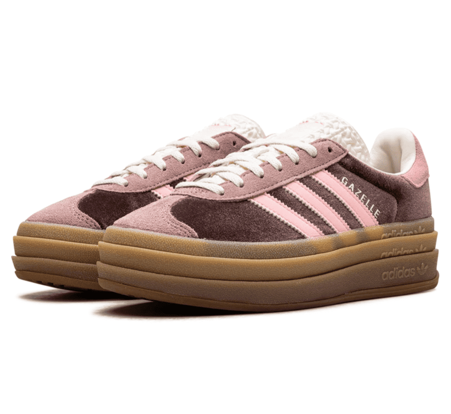 Adidas Gazelle Bold Shadow Brown W Seitenansicht mit Samt-Upper, Warm Clay 3-Streifen und Glow Pink Details