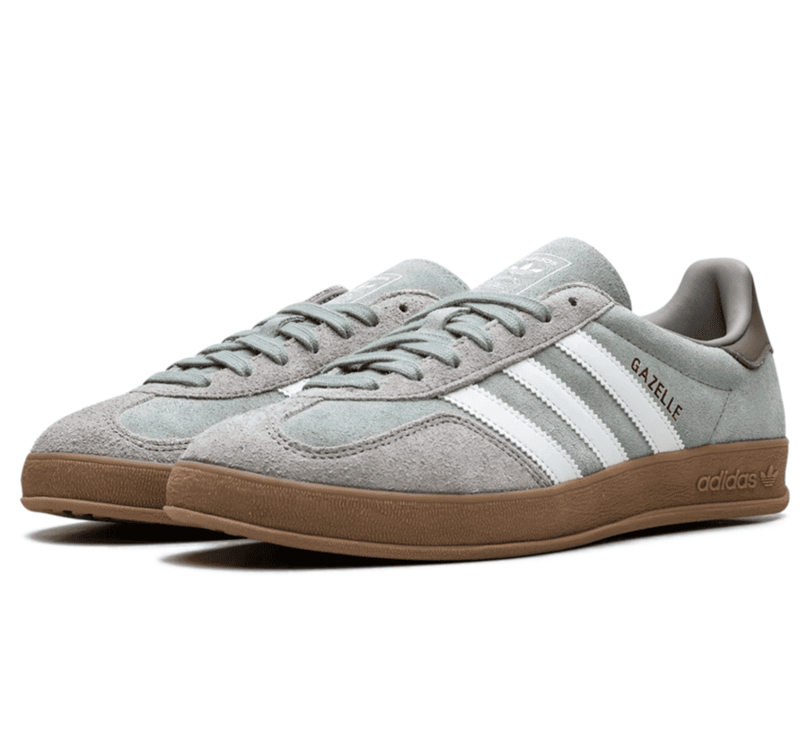 adidas Gazelle Indoor Silver Pebble Silver Green JI3526 seitliche Ansicht mit weißen Streifen