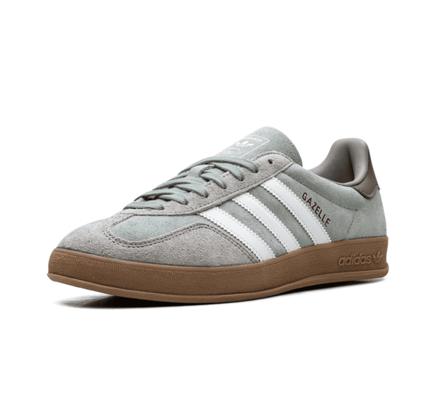 adidas Gazelle Indoor Silver Pebble Silver Green JI3526 einzelner Sneaker seitlich mit Gum-Sohle
