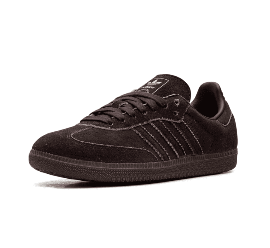 adidas Samba OG Shadow Brown einzelner Schuh seitlich mit monochromem Shadow Brown Wildleder und adidas Branding