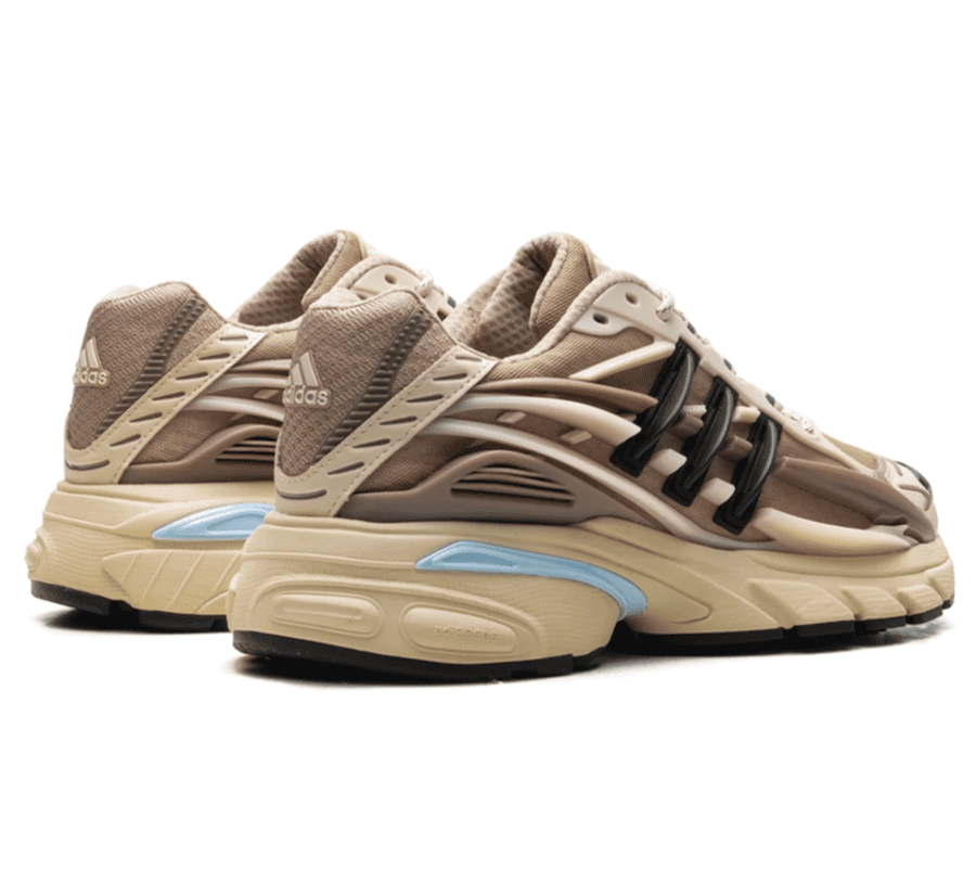 adidas Adistar Jellyfish Crystal Sand Sneaker Paar von hinten mit beige-braunem Obermaterial und hellblauen Details