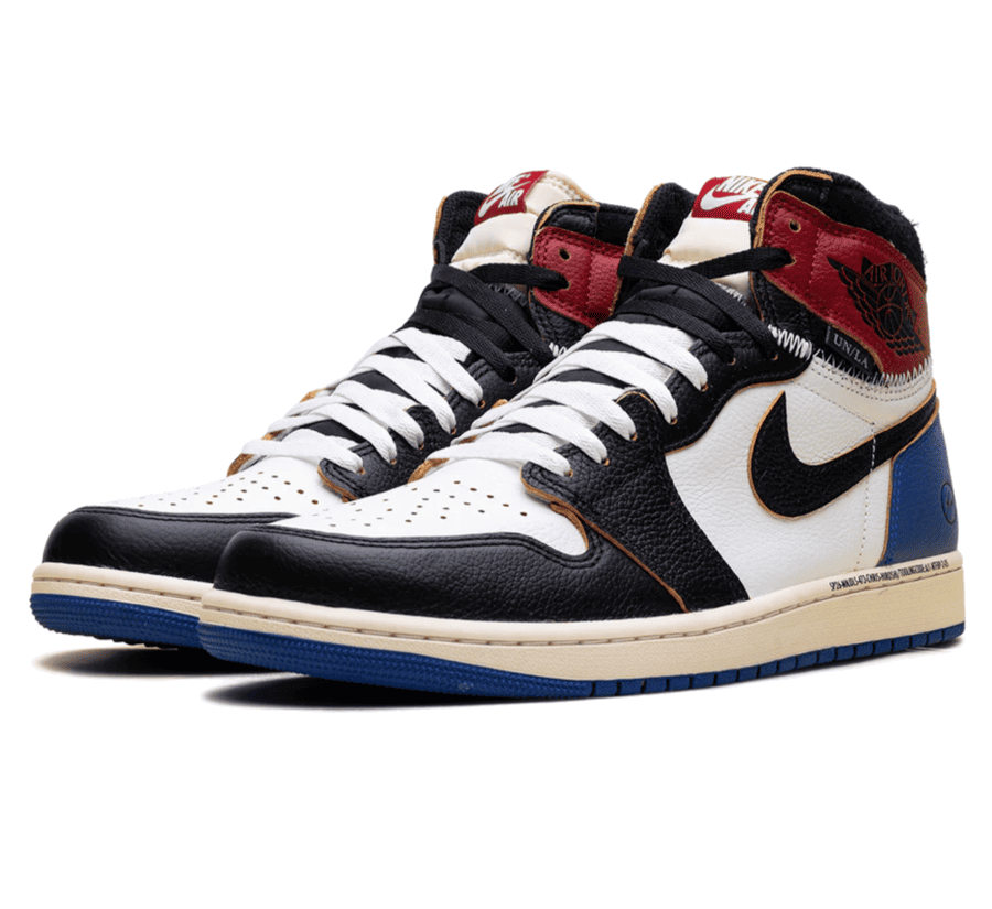 Air Jordan 1 High OG SP Fragment Union LA Varsity Red Seitenansicht mit Stitching