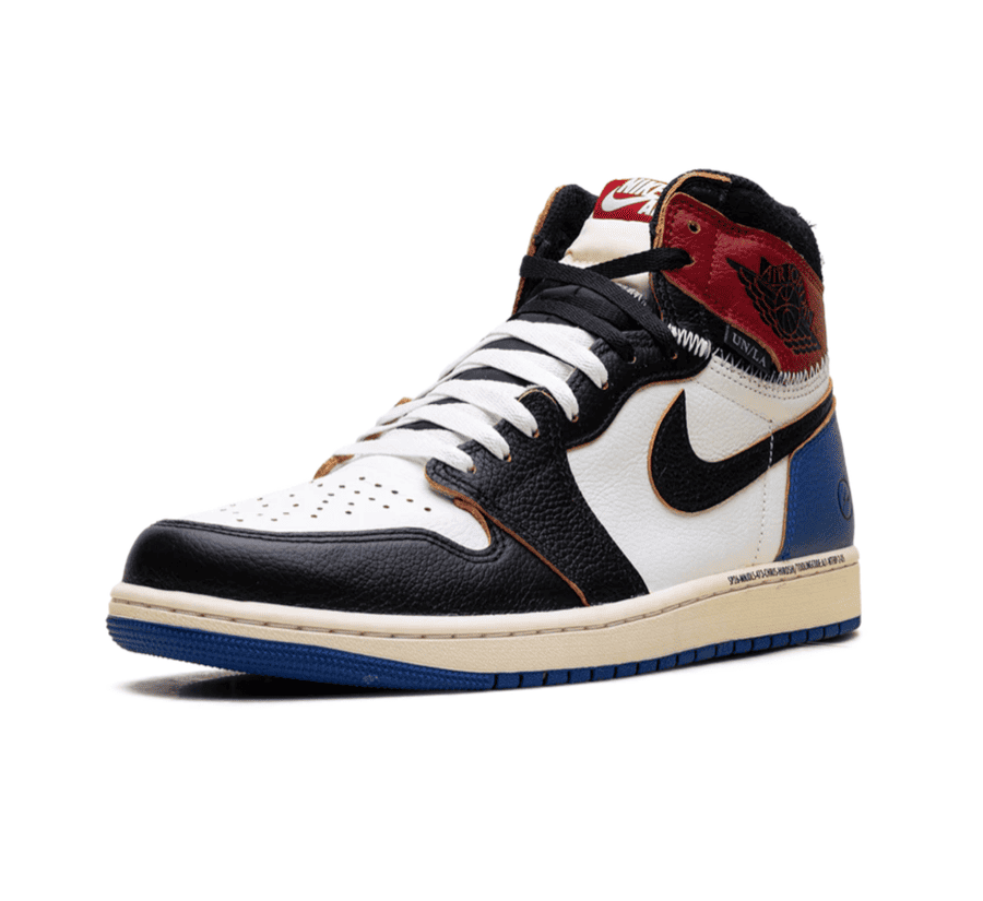 Air Jordan 1 High OG SP Fragment Union LA Varsity Red einzelner Sneaker seitlich