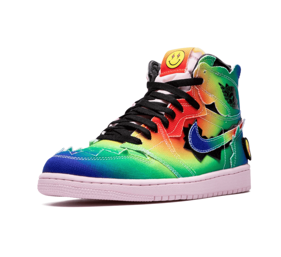 Air Jordan 1 High OG J Balvin Multi Color einzelner Schuh seitlich mit buntem Tie Dye Design und schwarzen Schnürsenkeln