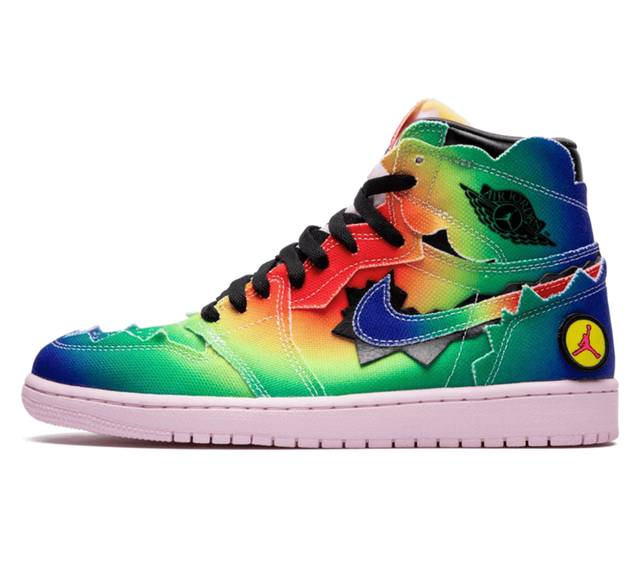 Air Jordan 1 High OG J Balvin Multi Color Paar vorne Hauptbild Perspective mit buntem Tie Dye Upper und blauem Swoosh