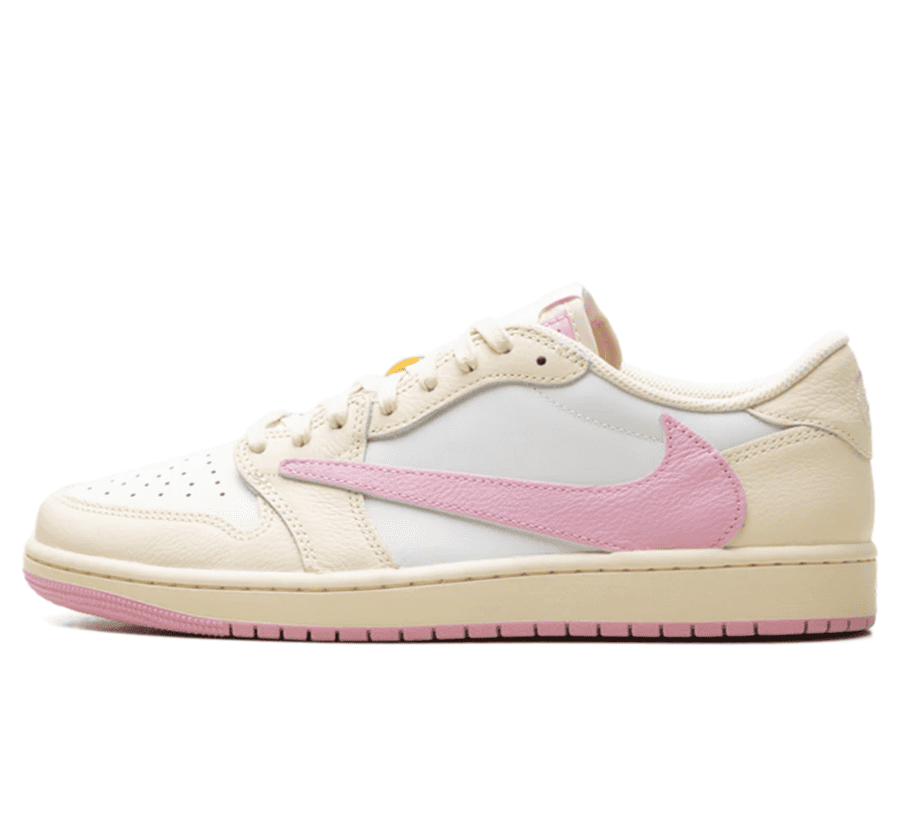 Air Jordan 1 Low OG SP Travis Scott Shy Pink Paar vorne Hauptbild Perspective mit rosa Wildleder und Reverse Swoosh