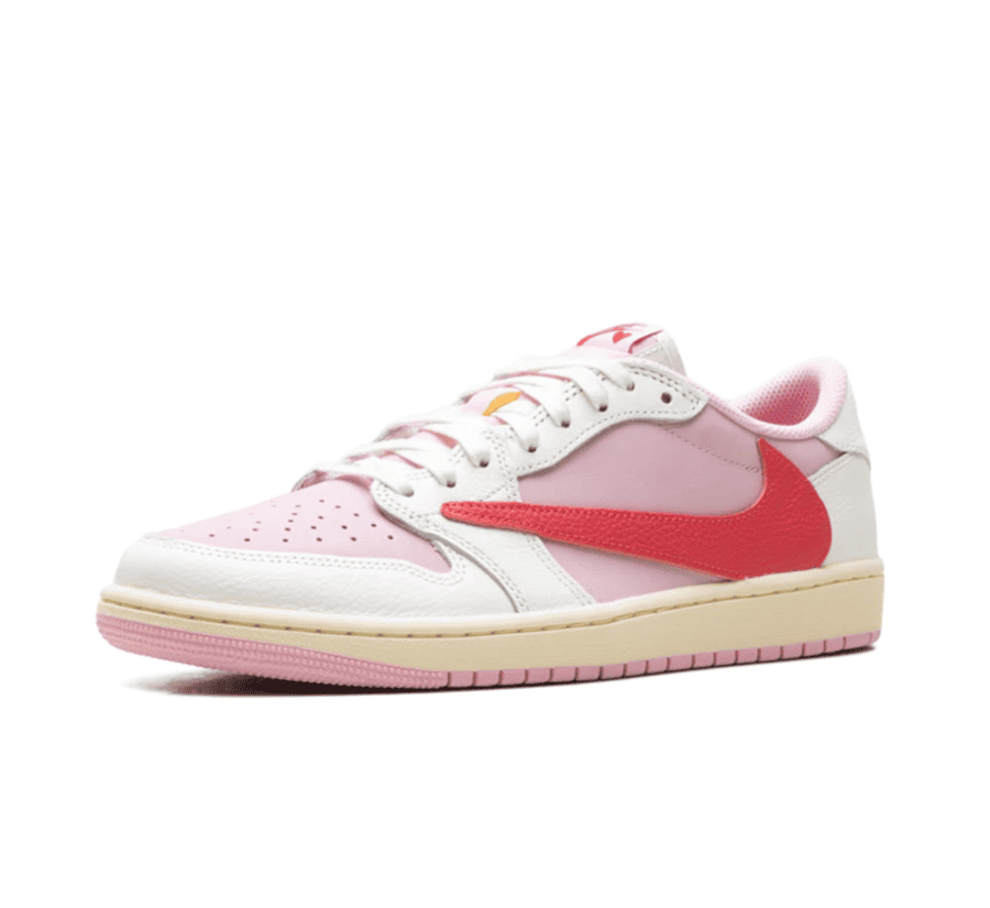 Air Jordan 1 Low OG SP Travis Scott Tropical Pink einzelner Schuh seitlich mit hochwertigem Wildleder in Tropical Pink