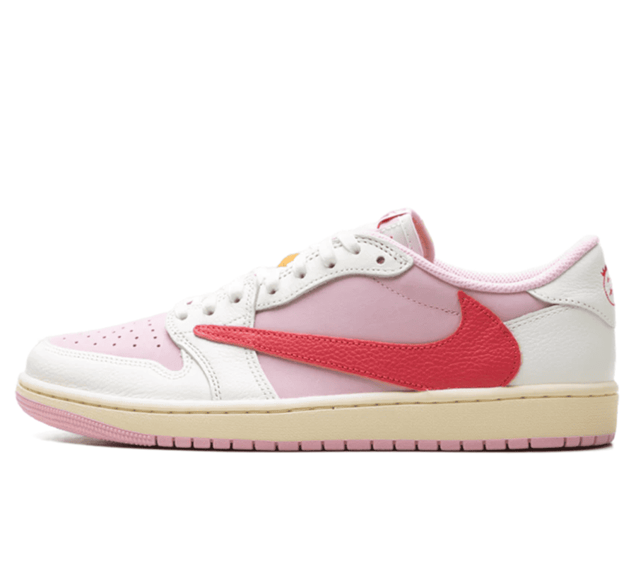 Air Jordan 1 Low OG SP Travis Scott Tropical Pink Paar vorne Hauptbild Perspective mit pinkem Wildleder und Reverse Swoosh