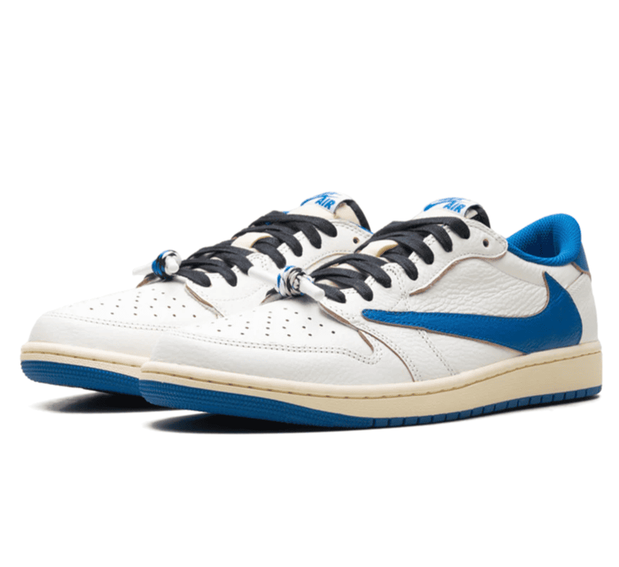 Air Jordan 1 Low OG SP x Travis Scott x Fragment Sail Military Blue Seitenansicht mit Reverse Swoosh