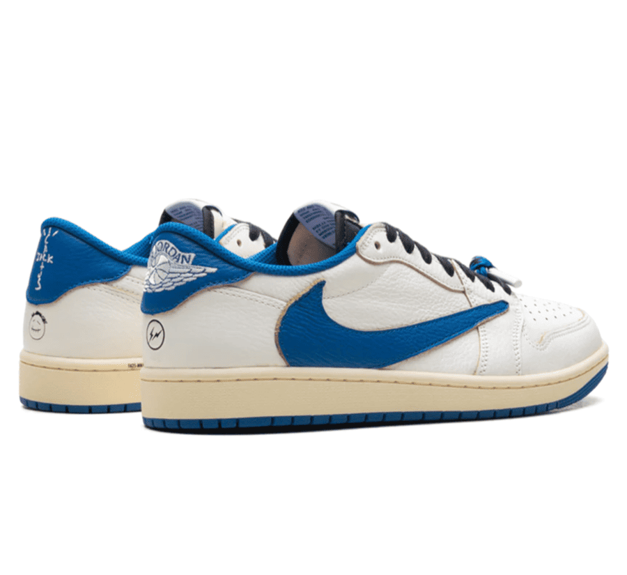 Air Jordan 1 Low OG SP x Travis Scott x Fragment Sail Military Blue Sneaker Paar hinten