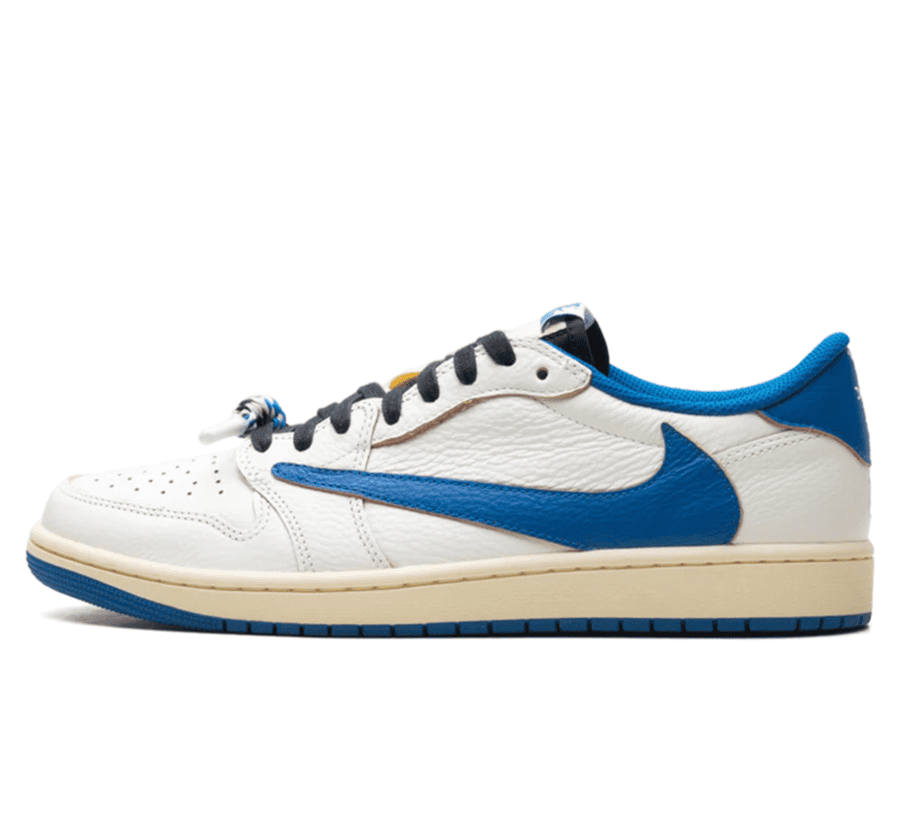 Air Jordan 1 Low OG SP x Travis Scott x Fragment Sail Military Blue Sneaker Paar vorne Perspective