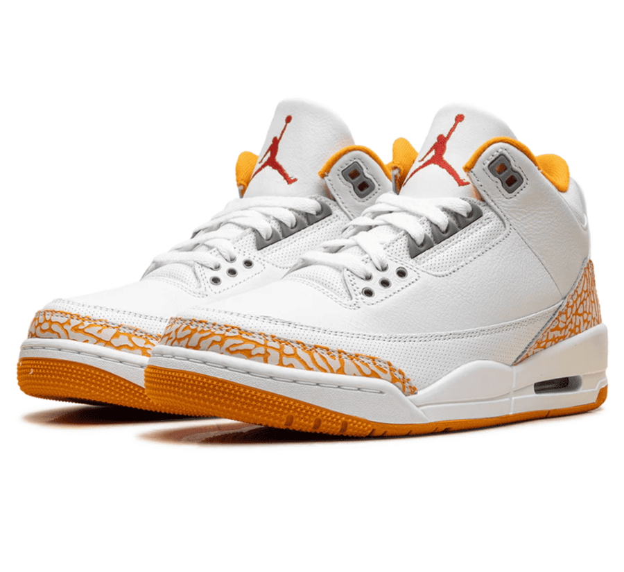 Air Jordan 3 Orange Citrus W Seitenansicht mit Elephant Print und sichtbarer Nike Air-Dämpfung