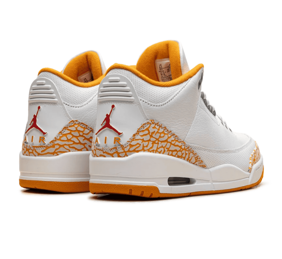 Air Jordan 3 Orange Citrus W Paar hinten mit klassischer Fersenkappe und Jumpman Logo