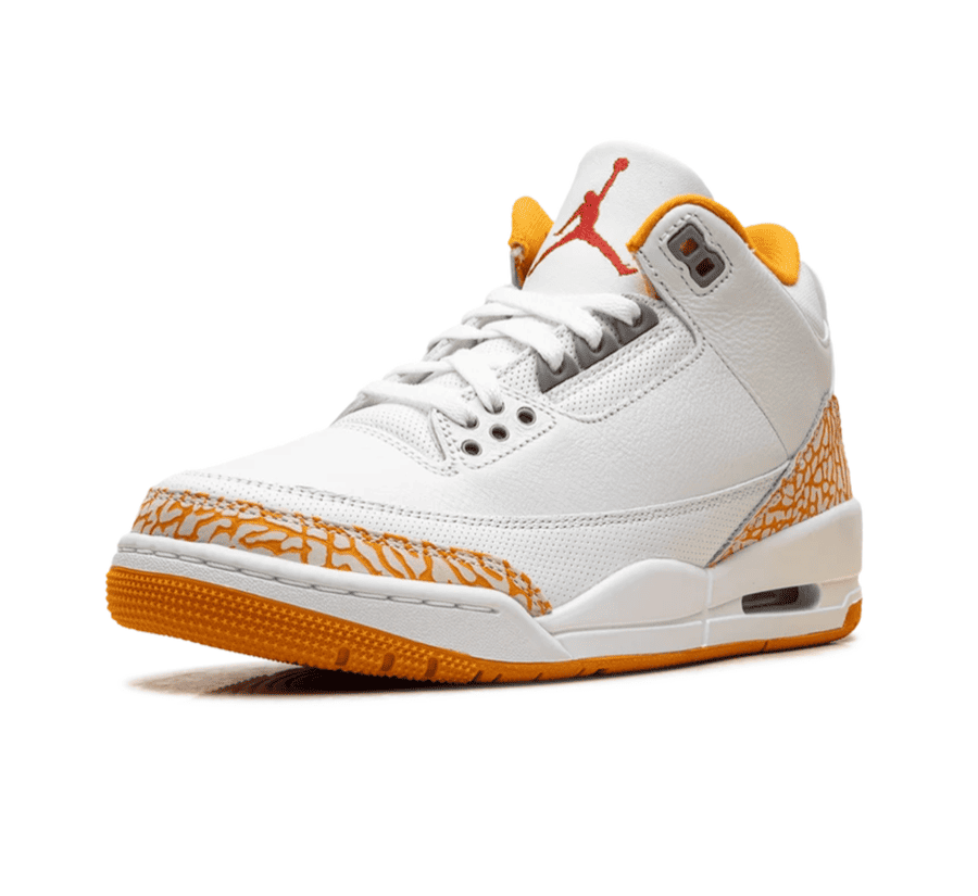 Air Jordan 3 Orange Citrus W einzelner Schuh seitlich mit weißem Leder und orangefarbenen Akzenten