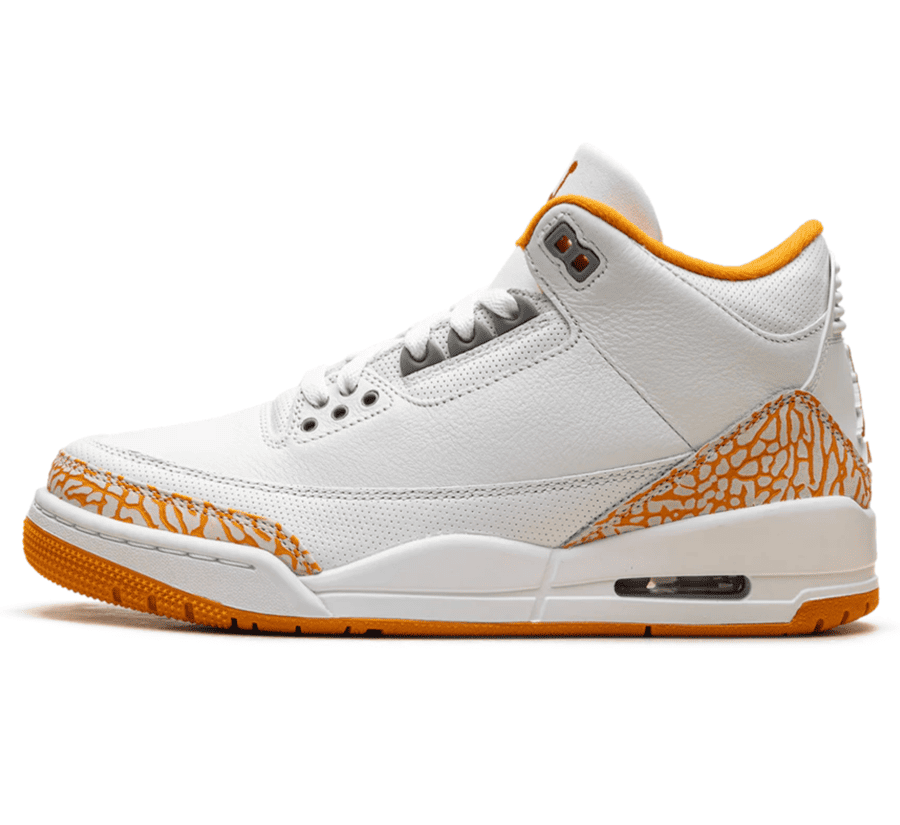 Air Jordan 3 Orange Citrus W Paar vorne Hauptbild Perspective mit weißem Premium-Leder und Orange Citrus Details